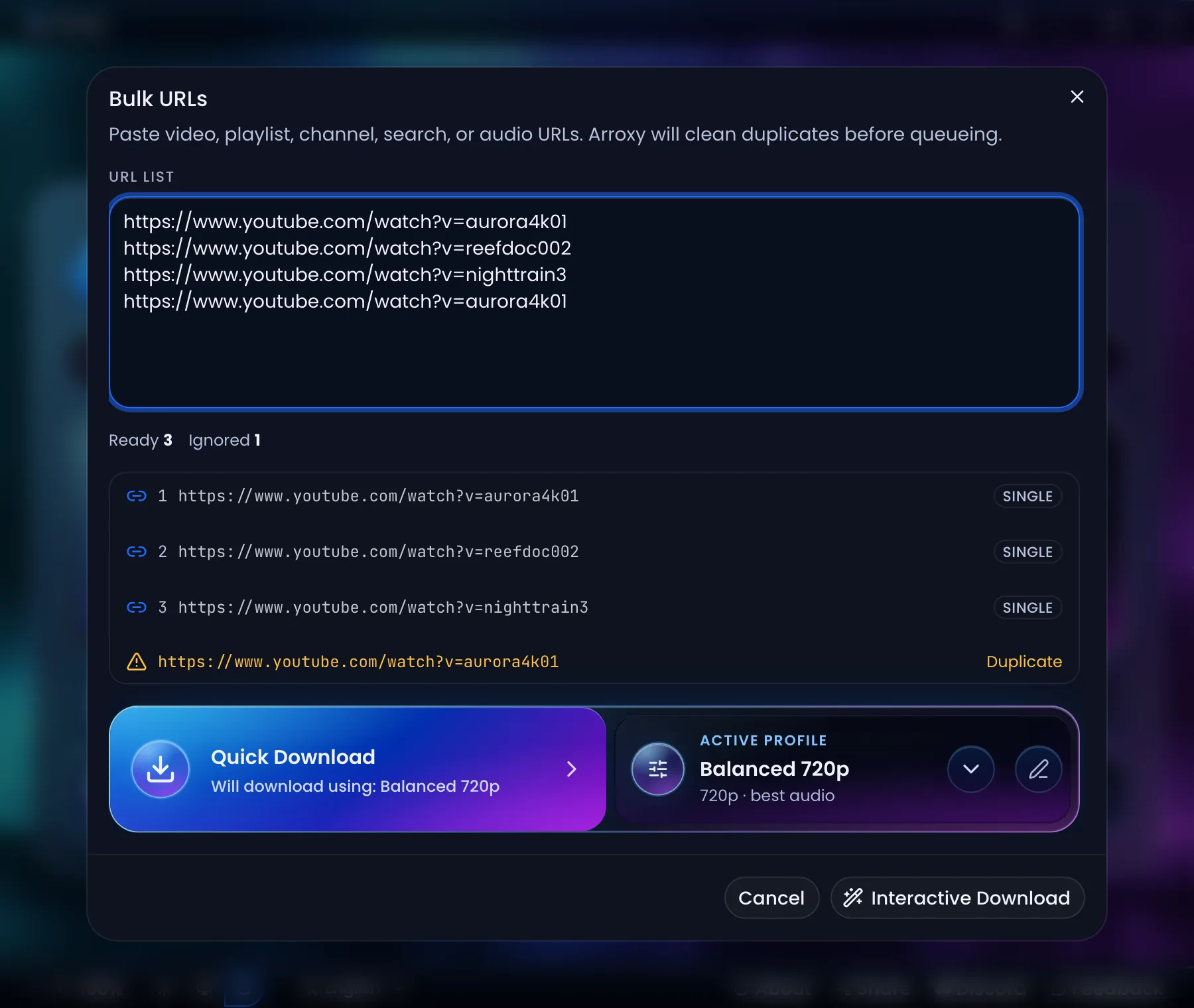 Bulk URL mode — Paste a list, auto-dedupe, queue them all at once