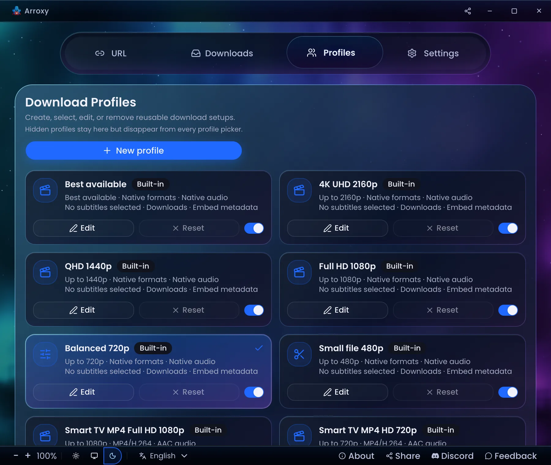 Reusable download profiles — Save format, quality, and output presets — reuse per download