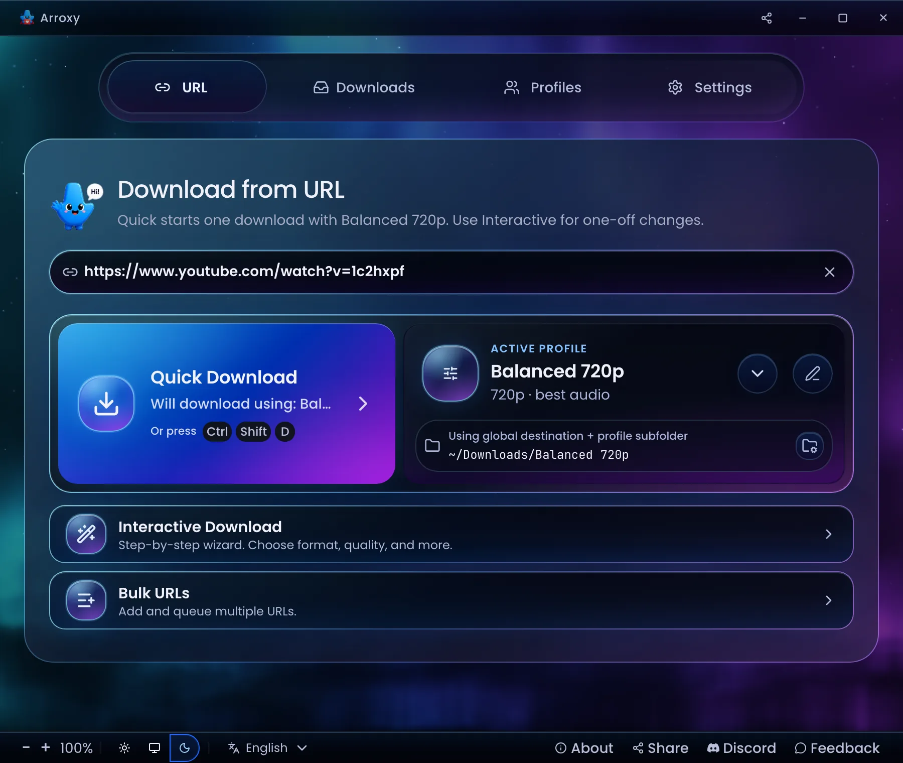 Quick Download home — Paste a URL and pull it instantly with your active profile